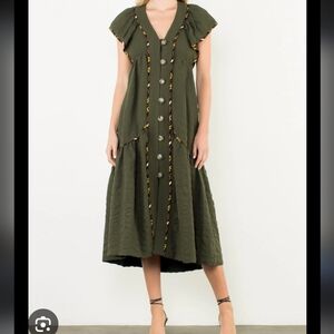 THML Forest Green Midi Dress with Embellished Buttons
